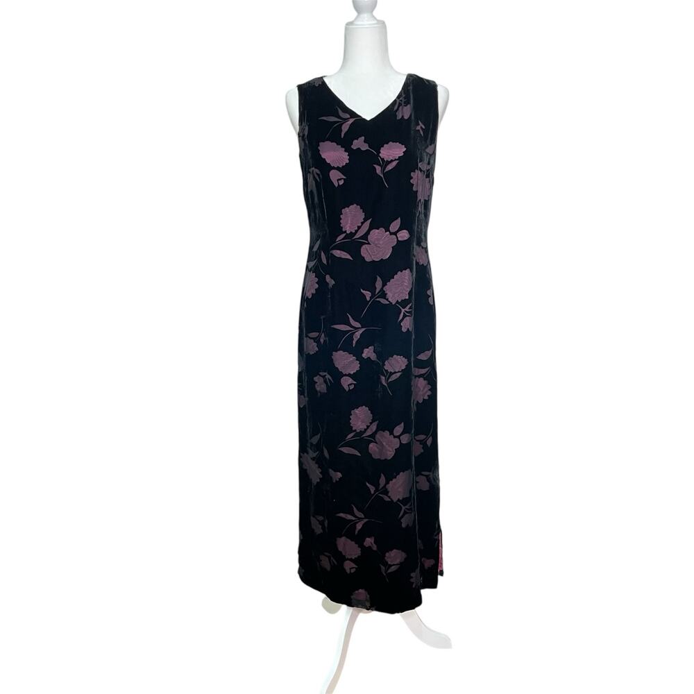 Vintage 90s Size 6 Black Velvet Floral Overlay Purple Lining Prom Formal Dress
